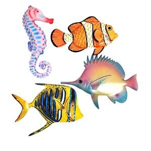 Lot Of 4 Plastic Resin Decorative Hanging Sea Creatures Fish Seahorse Colorful